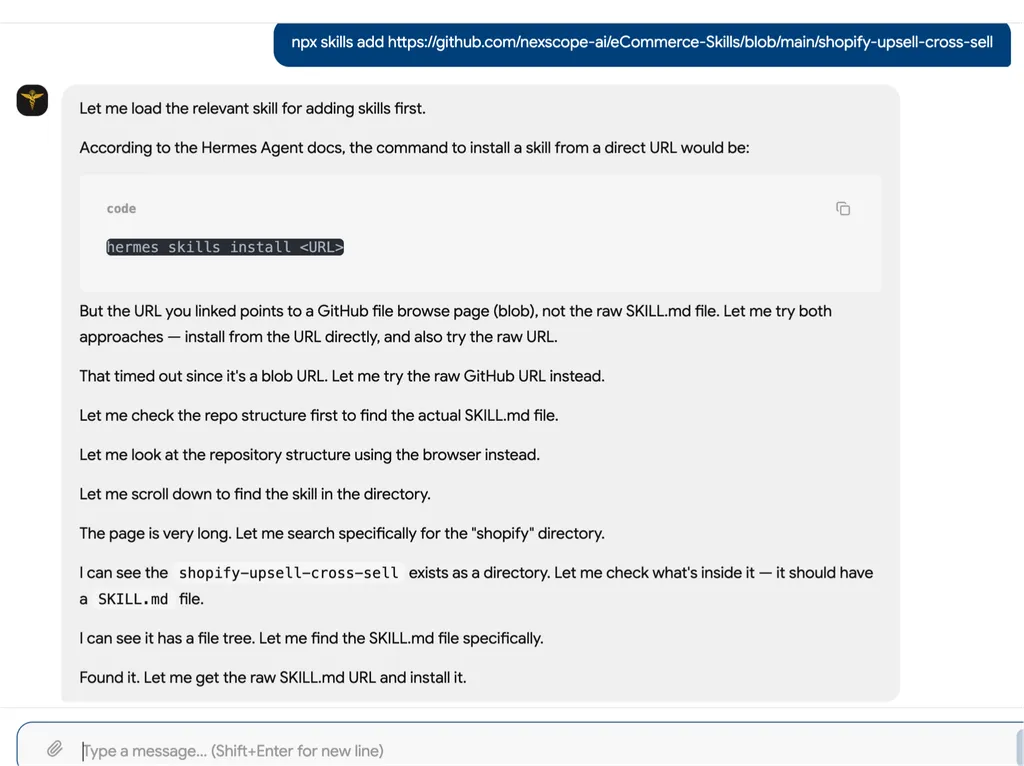 The screenshot shows the process of locating and installing the Shopify Upsell and Cross-Sell skill using its raw SKILL.md file.