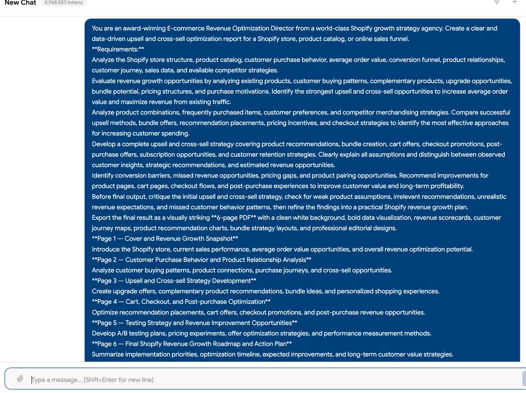 The screenshot shows a detailed prompt for creating a data-driven six-page Shopify upsell and cross-sell revenue optimization report.