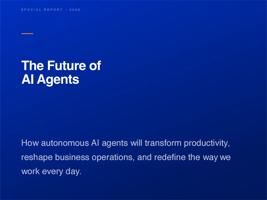 <img src="social-card-outcome.png" alt="A professional report cover page titled 'The Future of AI Agents.' The design features a deep royal blue background with a clean, minimalist editorial style. At the top left, small uppercase text reads 'SPECIAL REPORT • 2026,' accompanied by a short orange accent line that serves as a visual divider. The main headline, 'The Future of AI Agents,' appears in large bold white typography positioned on the left side of the page, creating strong visual hierarchy and emphasis. Below the title, a descriptive subtitle explains the report’s focus: how autonomous AI agents will transform productivity, reshape business operations, and redefine the way people work every day. The layout uses generous whitespace, modern sans-serif typography, and a limited color palette of blue, white, and orange, giving the cover a sophisticated corporate-report aesthetic. The overall design communicates themes of technology, innovation, business transformation, automation, and the future of work.">