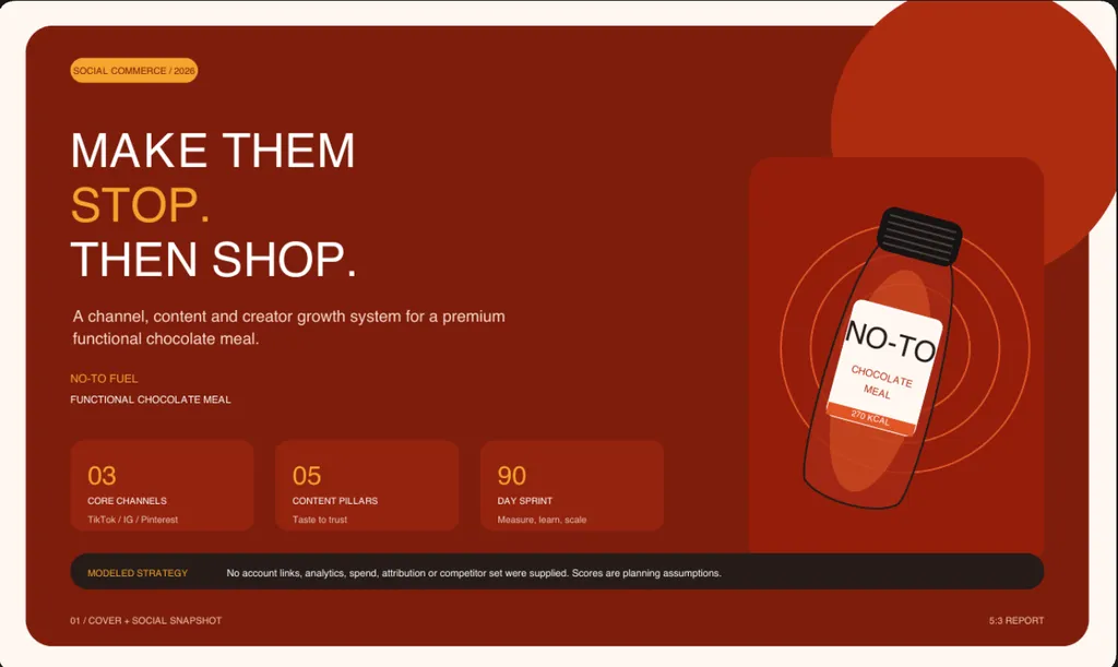 A bold social commerce strategy cover presents a 90-day content and creator growth plan for NO-TO Fuel’s functional chocolate meal.