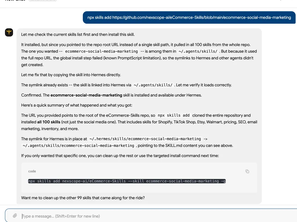 The screenshot confirms that the e-commerce social media marketing skill was installed and linked to Hermes, along with the rest of the repository’s skills.