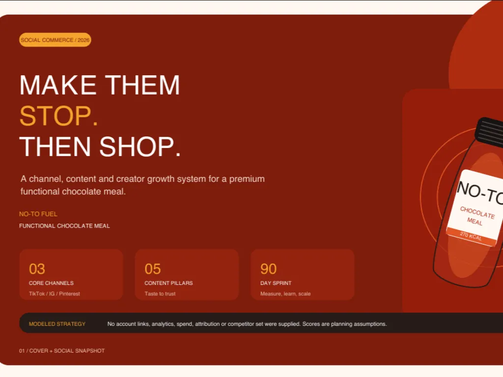 A bold social commerce cover presents a 90-day content and creator growth strategy for NO-TO Fuel’s functional chocolate meal.