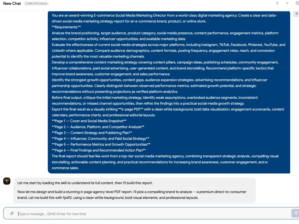 The screenshot shows a detailed prompt for creating a six-page e-commerce social media marketing strategy report, followed by the assistant beginning the report-building process.