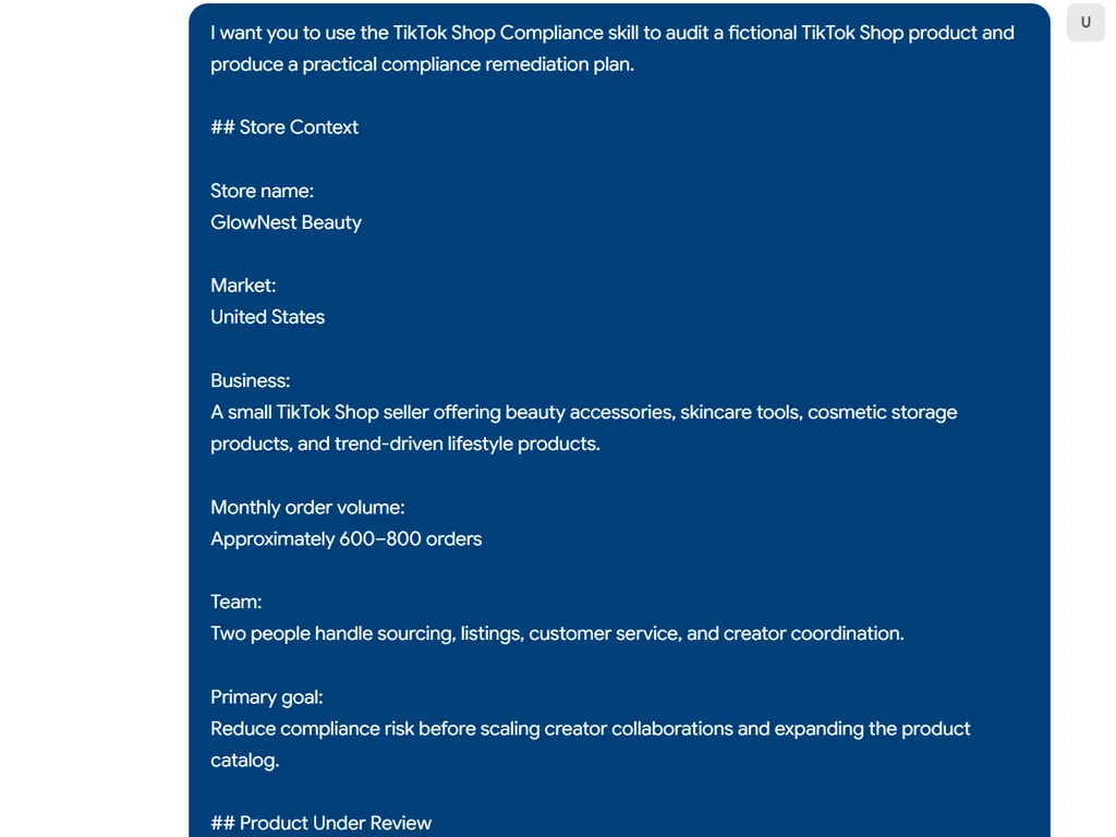 the step of tiktok shop compliance agent skill