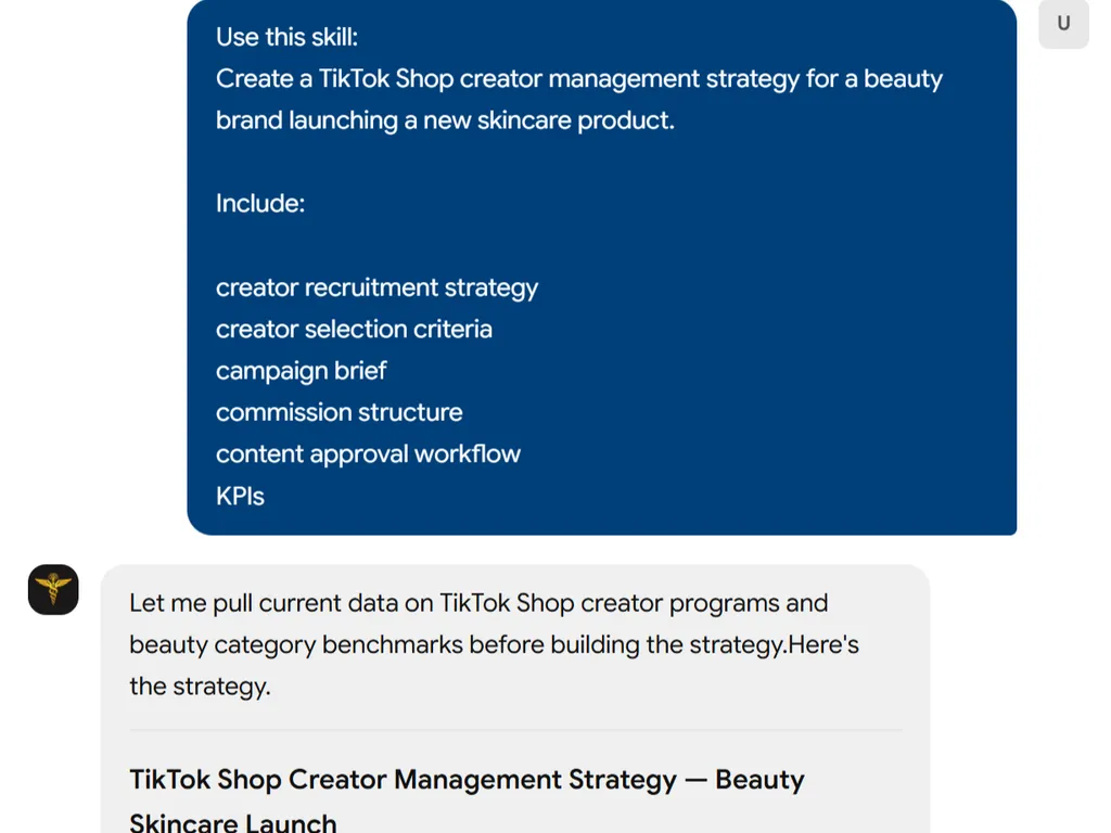 a simple demonstration of the second step in using TikTok Shop Creator Management Skill