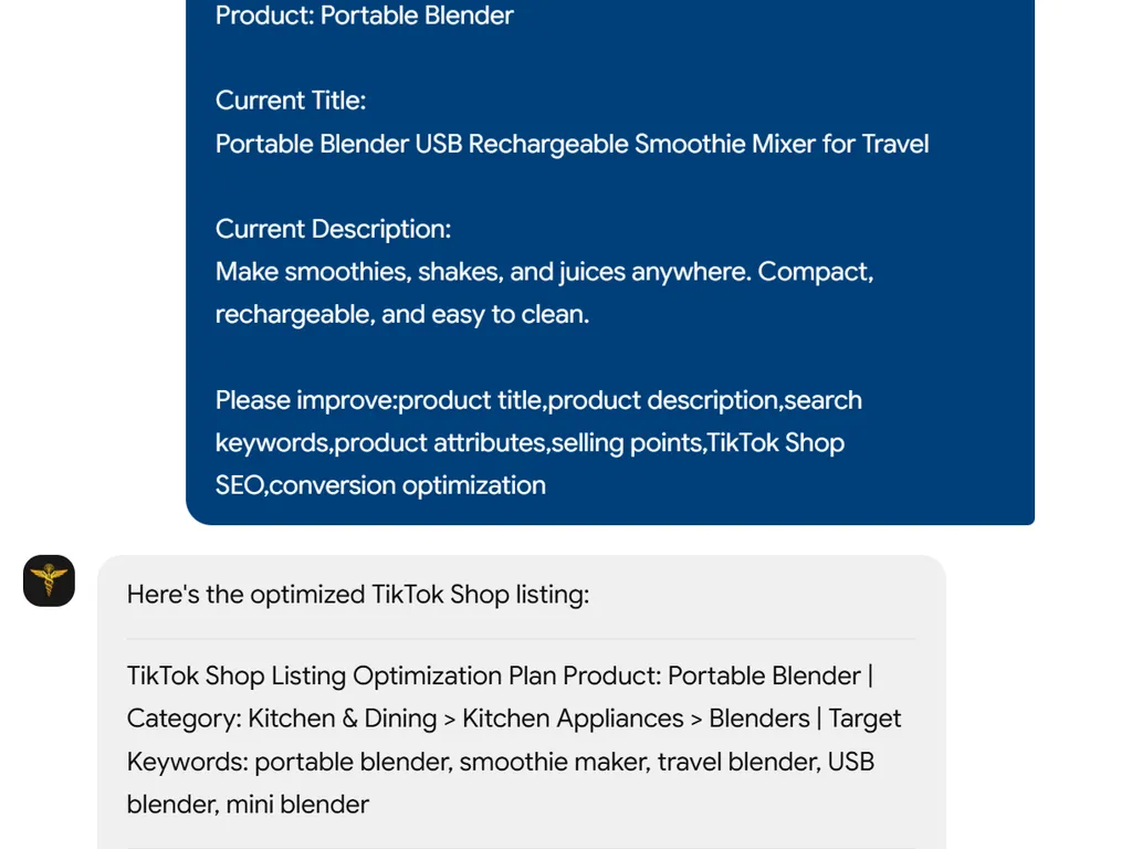 a simple demonstration of the second step in using TikTok Shop Listing Optimization Skill