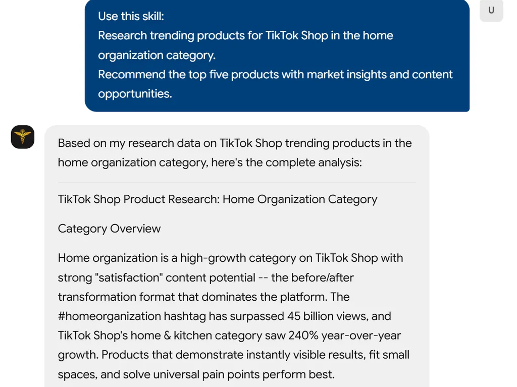 a simple demonstration of the second step in using TikTok Shop Product Research Skill