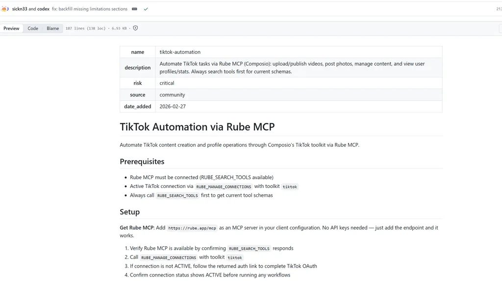 the screenshot of tiktok workflow automation in GitHub