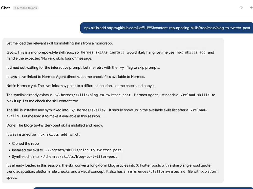 <img src="twitter-blog-repurposer-install.png" alt="A ChatGPT interface screenshot showing the installation process for the blog-to-twitter-post skill using an npx skills add command. The assistant confirms that the skill is installed, symlinked, loaded, and ready to convert long-form blog articles into Twitter/X posts with visual concepts." />