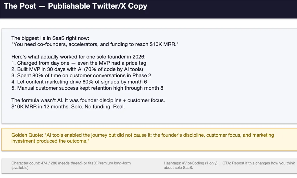 <img src="twitter-blog-repurposer-outcome1(1).png" alt="A presentation slide titled The Post — Publishable Twitter/X Copy, showing a ready-to-publish Twitter/X post about a solo SaaS founder reaching $10K MRR with AI. The slide includes the full post copy, a highlighted golden quote, character count, hashtag recommendation, and CTA." />