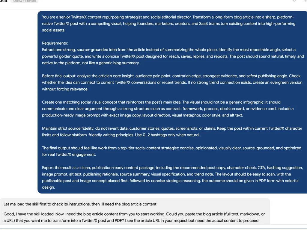 <img src="twitter-blog-repurposer-task.png" alt="A ChatGPT interface screenshot showing the task prompt for the Blog to Twitter/X Post skill. The prompt instructs the AI to act as a senior Twitter/X content repurposing strategist, extract one source-grounded idea from a blog article, write a publishable post, create a visual concept, maintain source fidelity, and export the result as a colorful PDF content package." />