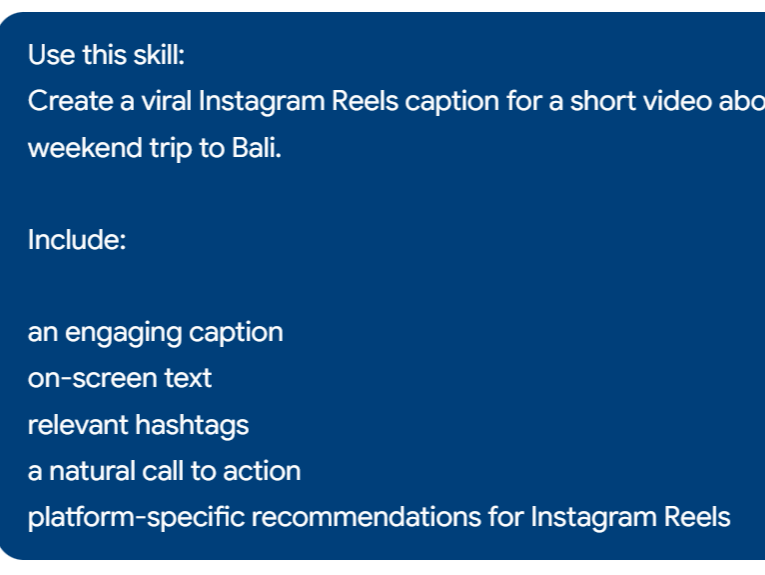 a simple demonstration of the second step in using Viral Captions and CTAs Copywriting Skill