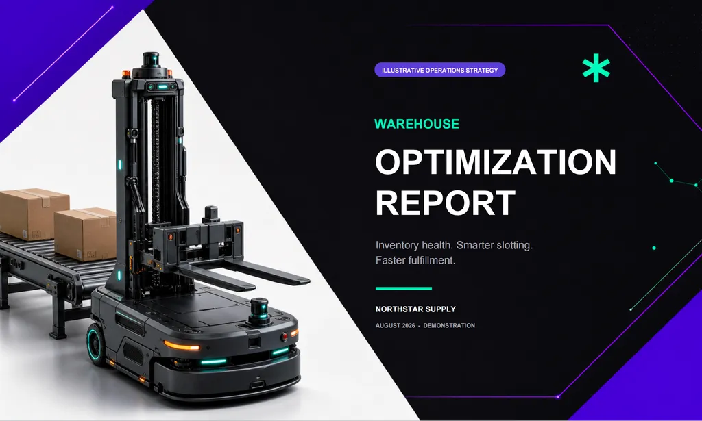 A futuristic presentation cover introduces a warehouse optimization report focused on inventory health, smarter slotting, and faster fulfillment.