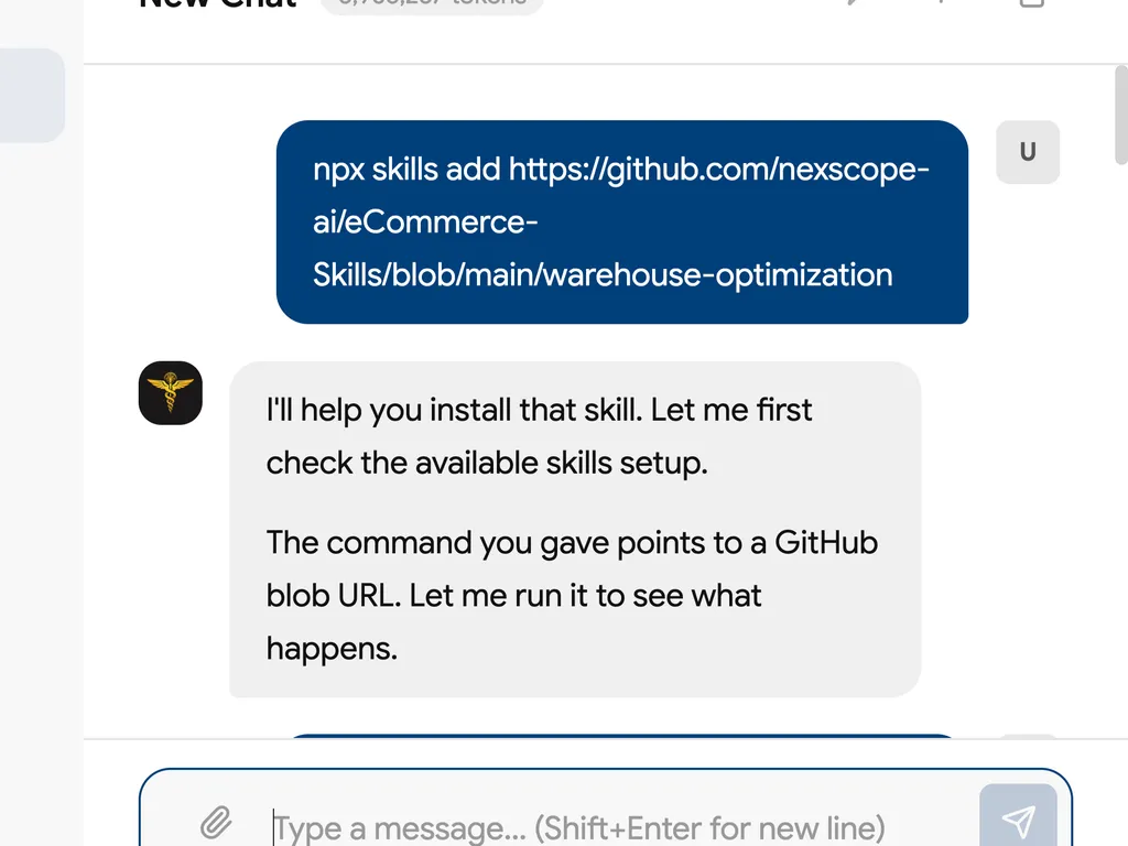 A chat screenshot shows a request to install the warehouse optimization skill from a GitHub URL.
