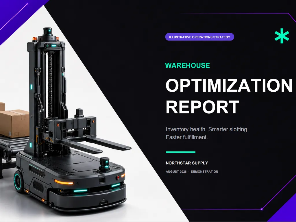 A warehouse optimization report cover features an autonomous forklift beside boxes on a conveyor.