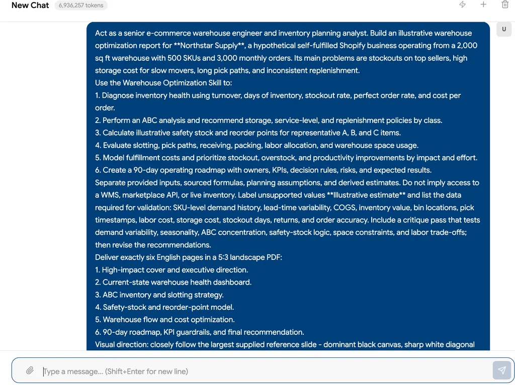 A chat screenshot contains a detailed request for a six-page warehouse optimization report covering inventory, slotting, replenishment, costs, and a 90-day roadmap.