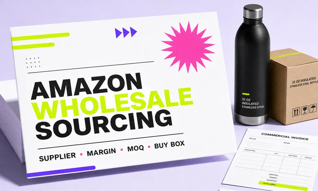 A modern wholesale sourcing display highlights supplier selection, profit margins, minimum order quantities, Buy Box potential, and commercial invoicing.
