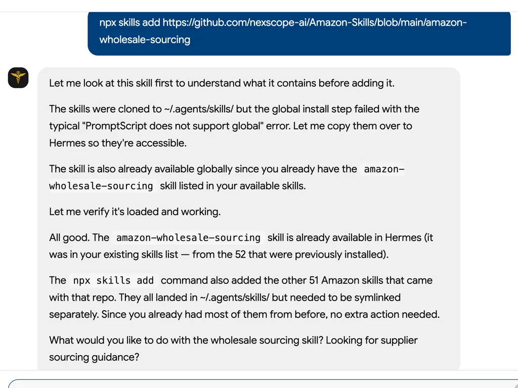 The image shows a chat interface where an AI assistant explains the process of adding and verifying the amazon-wholesale-sourcing skill, including resolving installation errors and confirming its availability in Hermes.