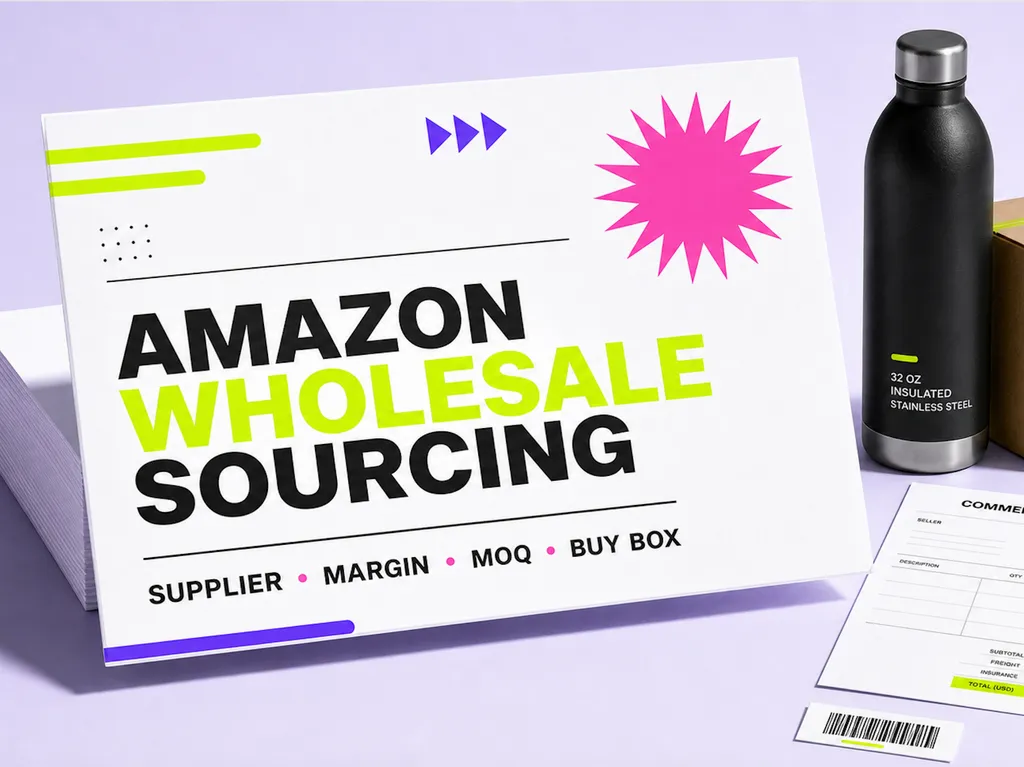 A bold promotional display highlights Amazon wholesale sourcing with key factors such as suppliers, margins, minimum order quantities, and Buy Box opportunities.