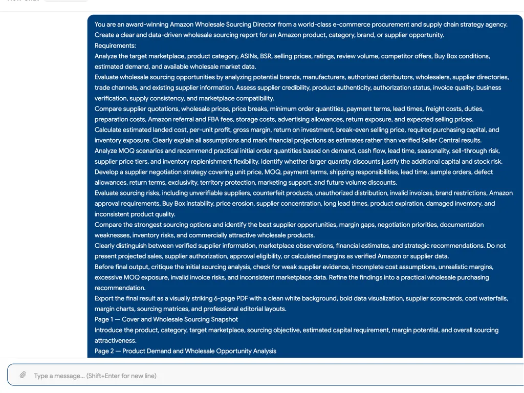 A detailed AI prompt outlines the creation of a data-driven Amazon wholesale sourcing report and a visually polished six-page PDF.