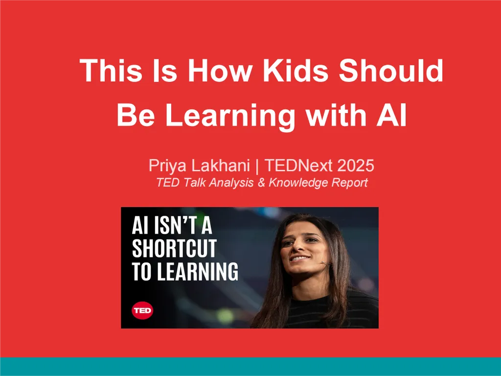 A presentation cover slide for a TED Talk analysis and knowledge report. The slide features a bold red background with a teal accent bar running along the bottom edge. Centered at the top is the large white title 'This Is How Kids Should Be Learning with AI.' Below the title, the speaker attribution reads 'Priya Lakhani | TEDNext 2025,' followed by the subtitle 'TED Talk Analysis & Knowledge Report' in italicized white text. In the center of the slide is a thumbnail image from the TED Talk showing Priya Lakhani on stage. The thumbnail includes the prominent message 'AI Isn't a Shortcut to Learning' alongside the TED logo. The overall design resembles a professional research report cover, using strong typography, high contrast colors, and a clean layout to introduce an educational analysis focused on artificial intelligence, learning science, and the future of education.
