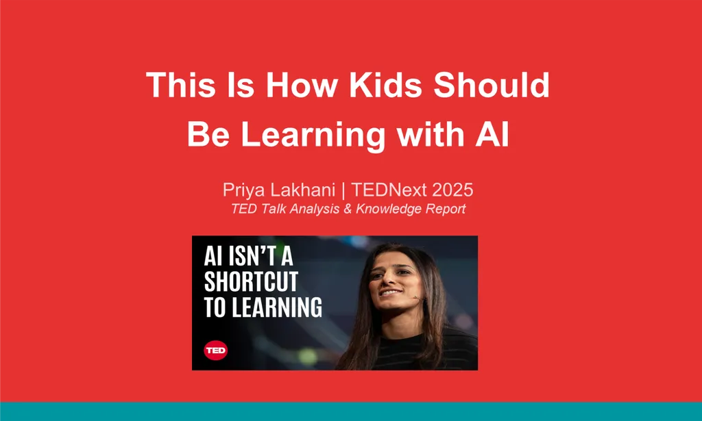 A presentation cover slide featuring a TED Talk analysis titled 'This Is How Kids Should Be Learning with AI'. The slide uses a bold red background with large white headline text centered prominently across the page. Beneath the title, the speaker and event are identified as 'Priya Lakhani | TEDNext 2025', accompanied by the subtitle 'TED Talk Analysis & Knowledge Report'. The lower portion of the slide contains a thumbnail image from the TED presentation showing the speaker on stage alongside the text 'AI Isn't a Shortcut to Learning'. A teal horizontal accent bar runs along the bottom edge, creating visual contrast. The overall design resembles a professional report or presentation cover summarizing key insights from a TED Talk about artificial intelligence and education.